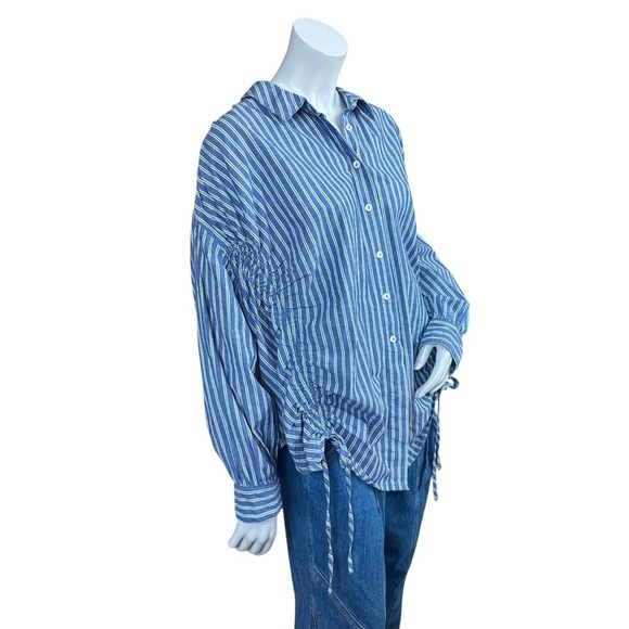 Anthropologie Pilcro Reworked Ruched Blue Pin Striped Button Down Shirt Medium - Picture 8 of 11